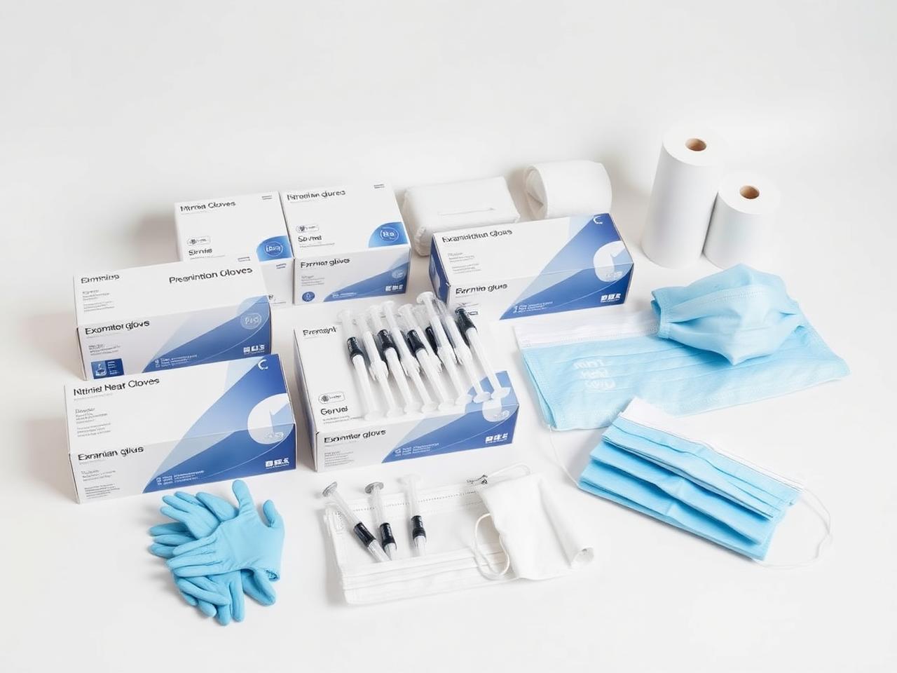 Boxes of examination gloves, syringes, masks and gauze arranged on a white surface