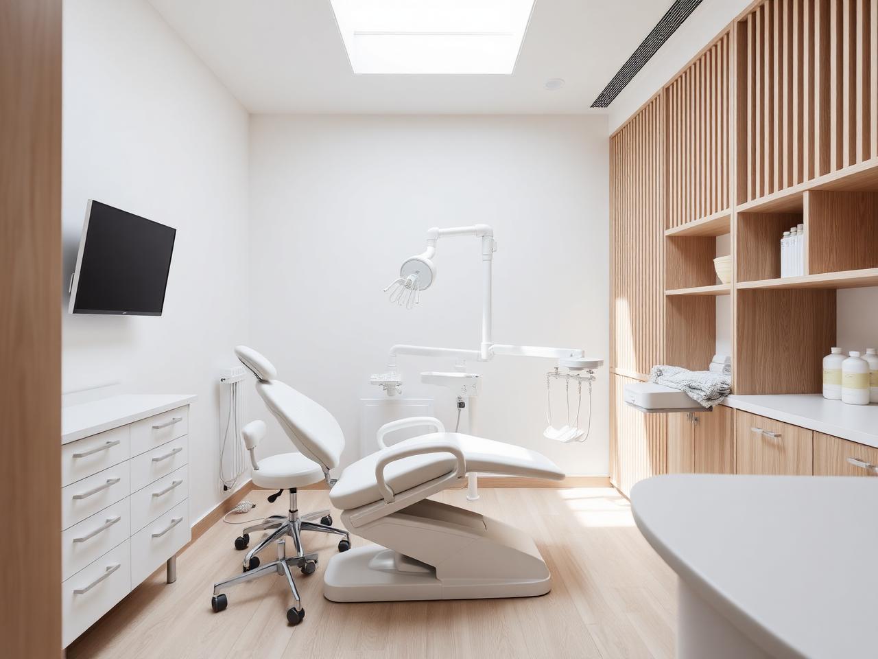 Minimal Scandinavian dental treatment room with a dental chair and unit
