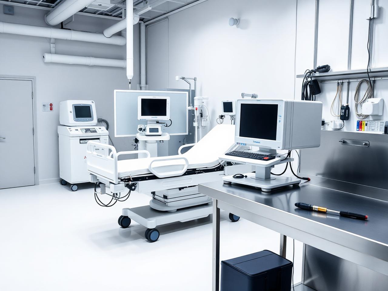 Refurbished patient monitor and hospital bed inspected in a clean technical workshop
